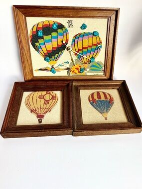 Vintage Sand Art Hot Air Balloons Southwestern Wall Art Trio W/ Clock (works!)
